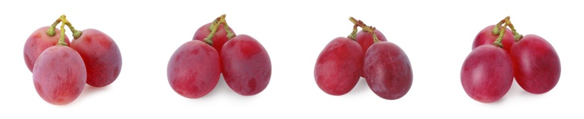 Delicious fresh red grapes isolated on white, set