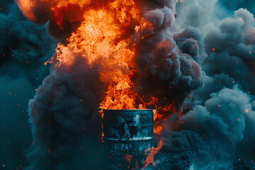 A barrel of oil burns creating a lot of black smoke. Loss of oil. Gasoline ignition - obrazy, fototapety, plakaty