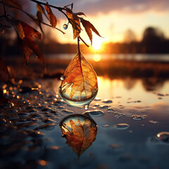 water drop fall from sky at a lake, autumn, little of twigs on the right, sunset created with Generative Ai