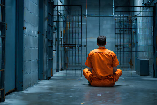 A male prisoner clad in an orange jumpsuit sits alone within the confines of a prison cell, isolated in solitary confinement