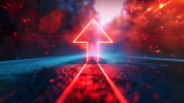 Red neon arrow moving forward with energy - An impactful image showcasing a red neon arrow signifying ambition and forward motion in a technological context