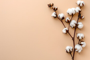Minimalistic cotton sprig on beige background for natural decoration with space for text. Concept: Minimalistic styling, Cotton sprig, Beige background, Natural decoration.





