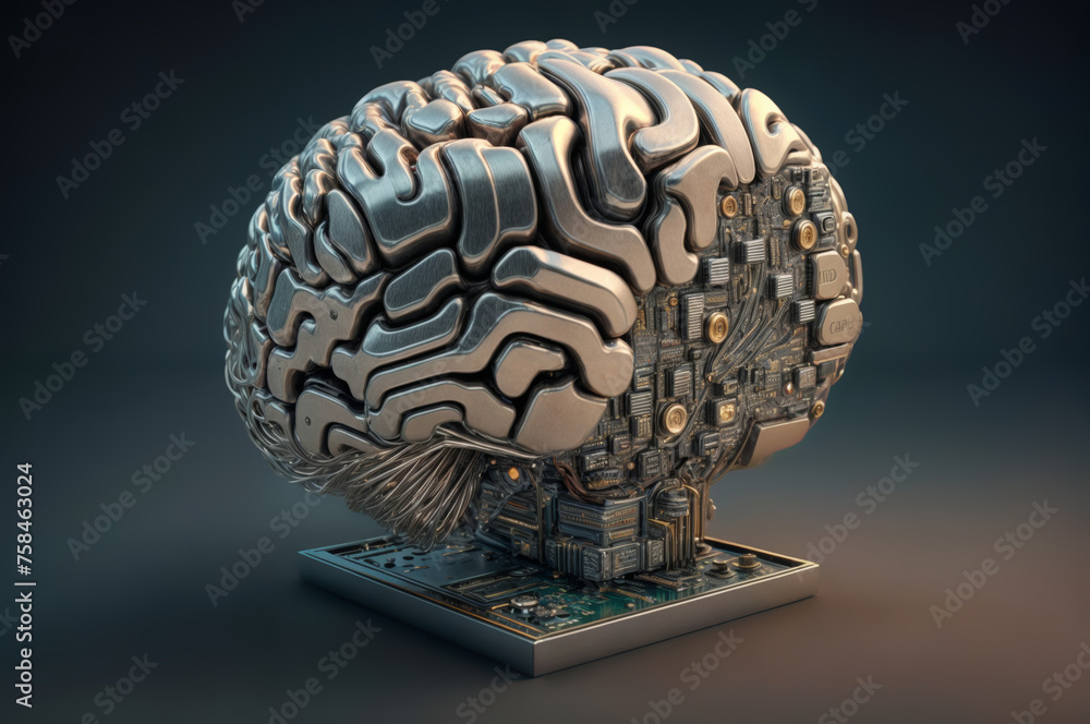 Poster a human brain on a computer circuit board.