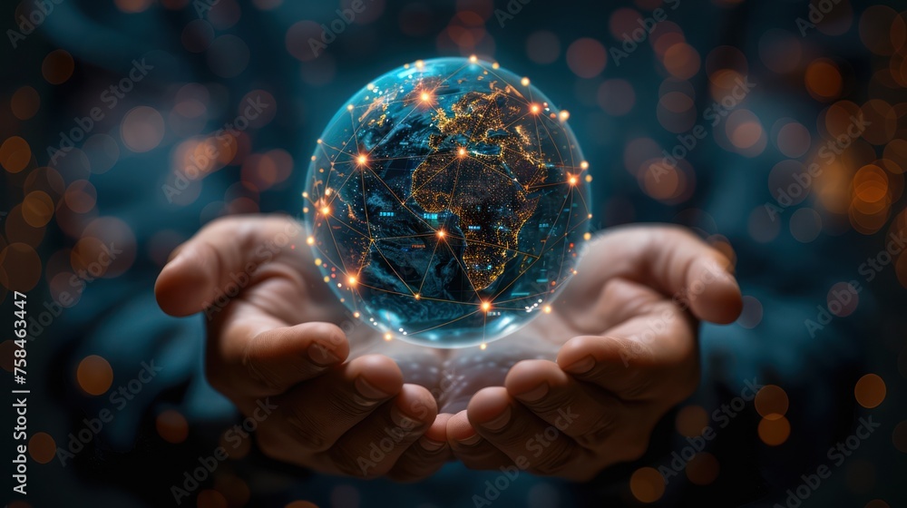 Poster pair of hands holding a transparent globe with digital connections and nodes superimposed over it, r