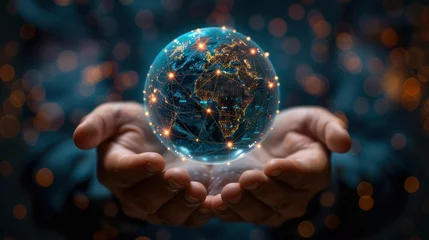 Foto op Aluminium Pair of hands holding a transparent globe with digital connections and nodes superimposed over it, representing a network, global communication © 2D_Jungle