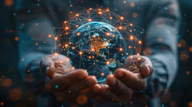 Pair of hands holding a transparent globe with digital connections and nodes superimposed over it, representing a network, global communication
