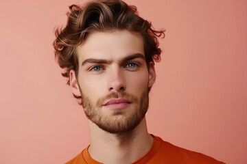 Fototapeta premium Handsome young male model on flat color background with copy space. Fashionable, well-groomed man showcases grooming beauty products for men.