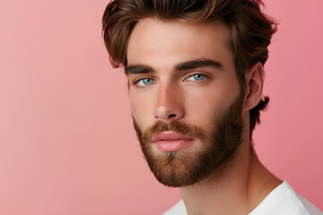 Fototapeta premium Handsome young male model on flat color background with copy space. Fashionable, well-groomed man showcases grooming beauty products for men.