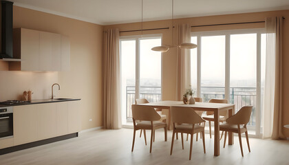 Modern interior design of apartment, dining room with table and chairs, empty living room with beige wall, panorama.