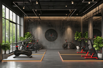 Modern fitness room with different types of sport equipment AI Generative