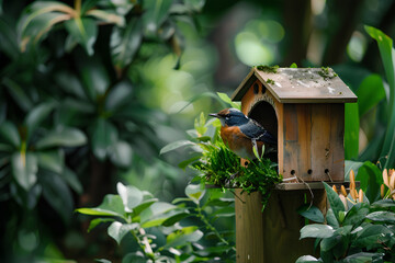 Naklejka premium a bird perched calmly at the entrance of a wooden birdhouse surrounded by lush foliage, offering ample copy space.