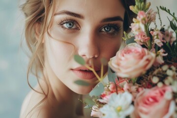 Fototapeta premium Girl with flowers and a mysterious look, vibrant colors