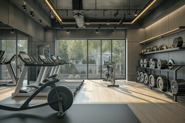 Gym interior with modern fitness equipment AI Generative