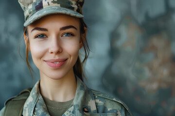 Smiling  beautiful military woman portrait with copy space. Young Woman Military soldier. USA Army
 - obrazy, fototapety, plakaty