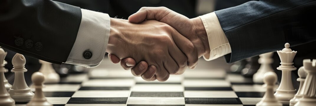 Chessboard handshake between two businessmen - Two professionals in suits shaking hands over a chessboard, symbolizing strategic business negotiations