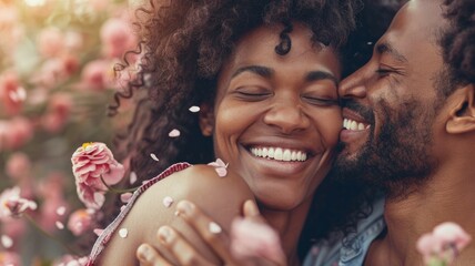 Couple embracing and laughing among roses - An affectionate couple sharing a joyful moment surrounded by blooming roses, exuding happiness and love - obrazy, fototapety, plakaty