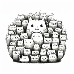 Hand-Drawn Illustration of a Large Group of Cute Cartoon Cats


