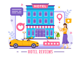 Hotel Reviews Vector Illustration with Rating Service, User Satisfaction to Rated Customer, Product or Experience in Flat Cartoon Background