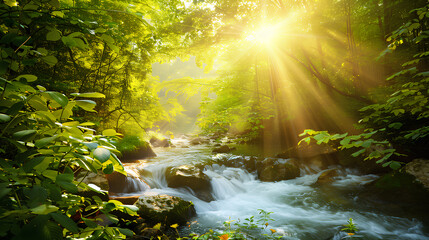 Morning sun shining through a lush forest onto a sparkling stream with smooth rocks and greenery.	