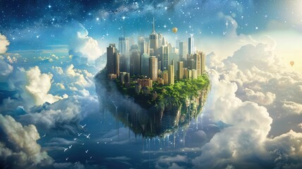 Floating city among the clouds and stars - A surreal image of a futuristic cityscape floating above the earth, nestled among the stars and billowing clouds