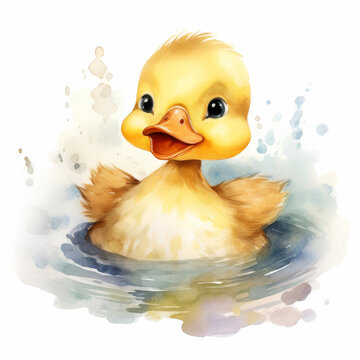 Watercolor Illustration of a Duckling Swimming in Water

