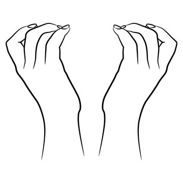 Two raised up beautiful female hands with bent fingers in elegant gesture. Black and white linear silhouette.