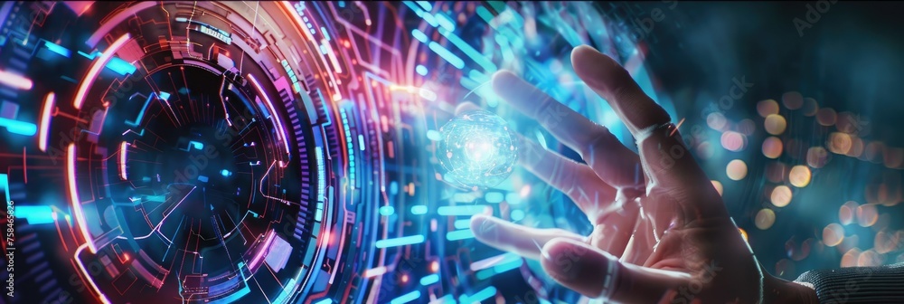 Poster futuristic touch interface activation scene - a hand interacts with a vibrant, advanced circular tou