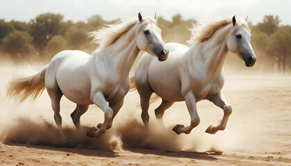 white horses with long mane run in sandy dust
