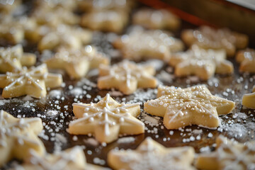 Fototapeta na wymiar Baking sugar cookies: star and snowflake shapes, sprinkled sugar, against fur tree backdrop, capturing holiday baking spirit.