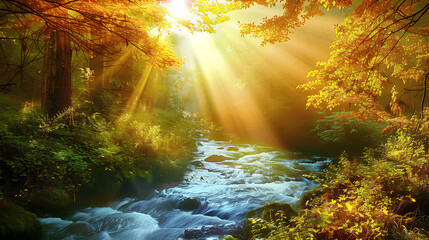 Morning sun shining through a lush forest onto a sparkling stream with smooth rocks and greenery.	