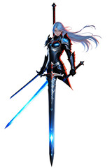 Rappresentazione 3D di un cavaliere femminile con spada isolata su sfondo trasparente - obrazy, fototapety, plakaty
