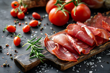 Thin slices of prosciutto artfully arranged with tomatoes on a wooden cutting board, set against a black background, showcasing the deliciousness of this savory bacon.





