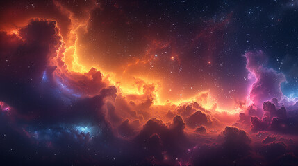A colorful space scene with orange clouds and stars