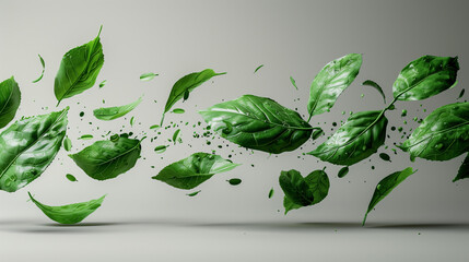 A series of green leaves are flying through the air