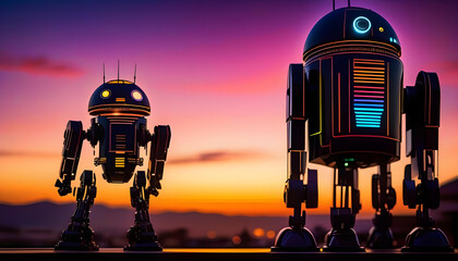 A futuristic droid mechanic standing against a colorful sunset sky