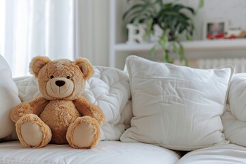 Plush teddy bear sitting on white couch with pillows
