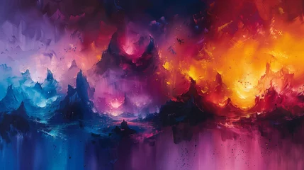 Tuinposter A colorful painting of a space scene with a purple mountain in the middle © CtrlN