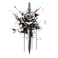 a switch blade with a rose behind it. Slick stainless steel for the switch blade. Made in black and whit with great composition created with Generative Ai