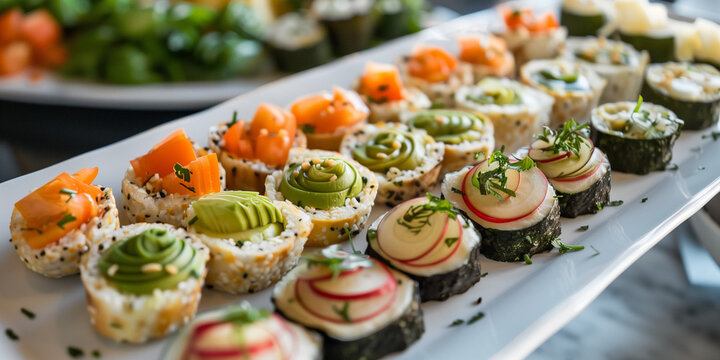 appetizers at an event or an outdoor wedding sushi style