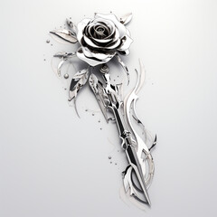 a switch blade with a rose behind it. Slick stainless steel for the switch blade. Made in black and whit with great composition created with Generative Ai