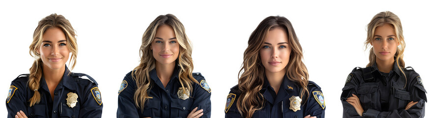 smiling female police officer isolated on a transparent PNG background, white background , Generative Ai