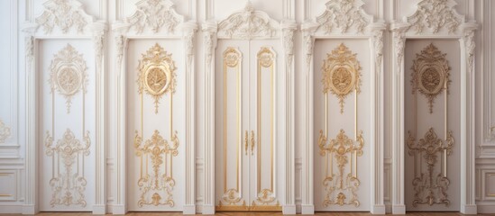 A row of wooden doors with intricate carvings and gold trim adds elegance to the room, creating a symmetrical facade with a touch of artistry