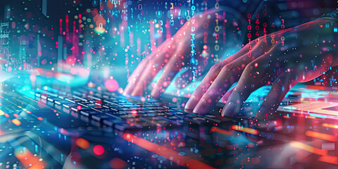 Closeup of hands typing on a keyboard with digital technology, software development concept. Coding programmer, software engineer working on laptop 