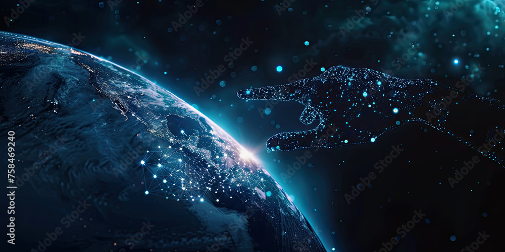 Aufkleber abstract digital hand touching the earth with data technology communication network and telecommunic