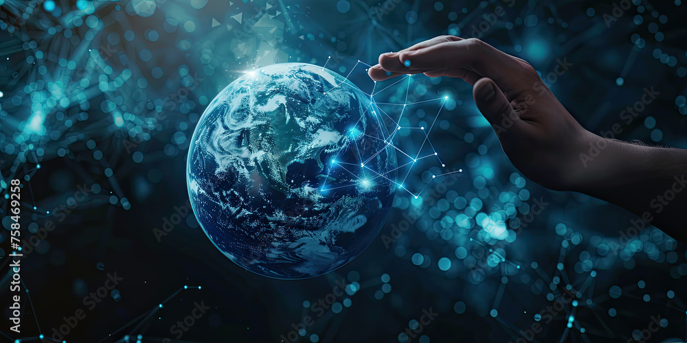Aufkleber abstract digital hand touching the earth with data technology communication network and telecommunic