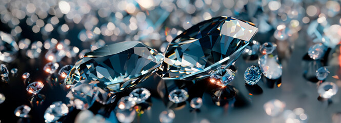 Sparkling diamonds on a reflective surface, casting light prisms, speak to luxury, precision craftsmanship, and timeless value. Banner. Copy space. - obrazy, fototapety, plakaty