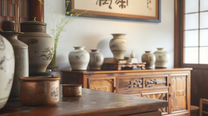 Fototapeta na wymiar A calming zenlike view of the interior of a traditional Chinese medicine clinic with herbal jars acupuncture tools and soothing artwork adorning the walls.