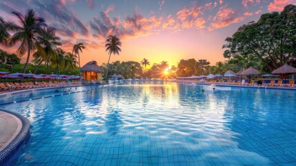 Fototapeta na wymiar Elegant tropical resort pool at night with palm trees reflection in water under starlit sky