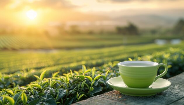 Green tea cup with mountain tea plantation background and ample space for text placement