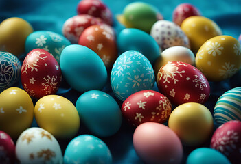 Fototapeta na wymiar Colorful Easter Eggs on Blue Background stock photoEaster Backgrounds Easter Egg Flat Lay Border - Frame